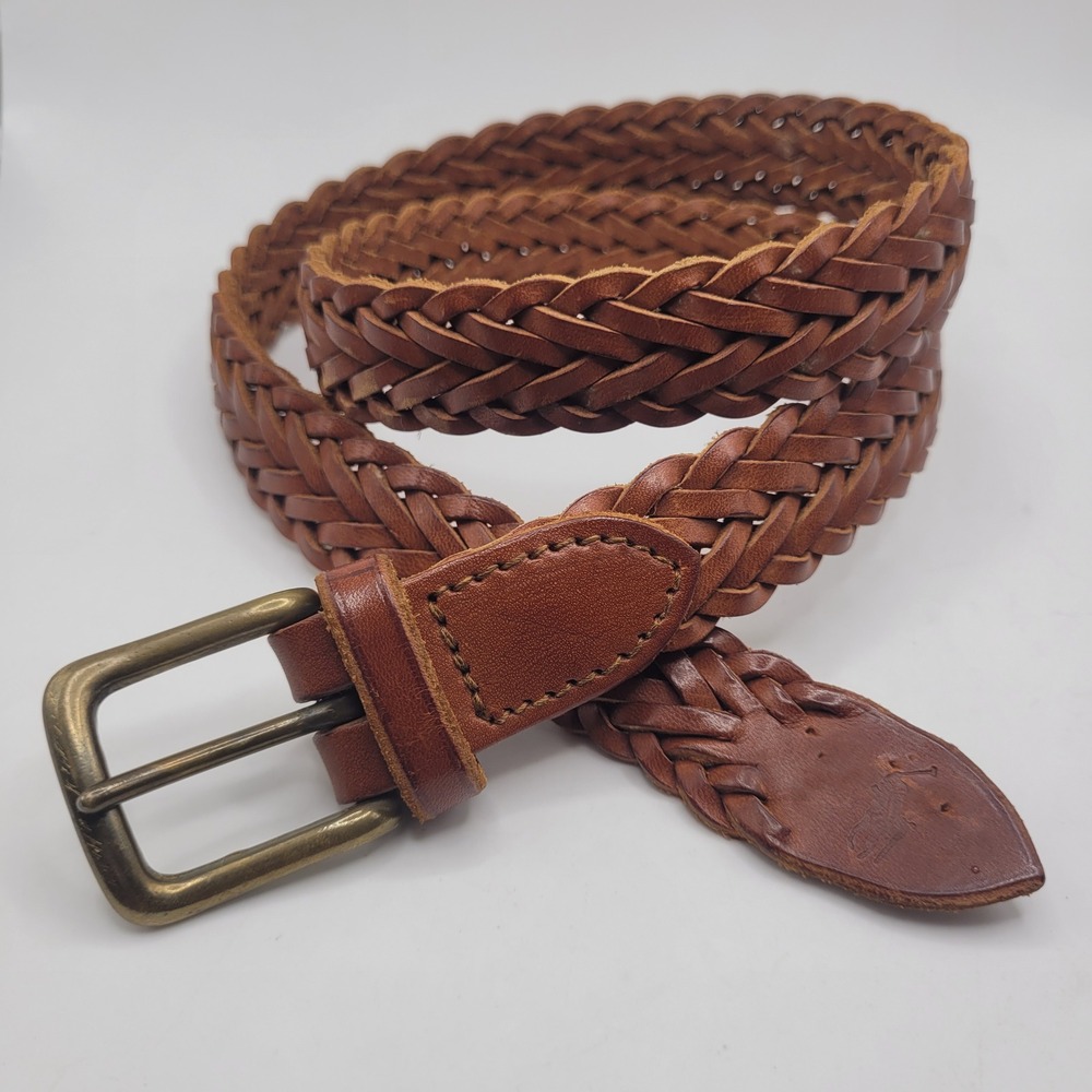 VTG Polo Ralph Lauren Belt 30 Brown Leather Woven Braided Brass Buckle England